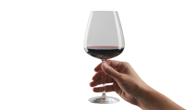 Elegant hand holding a glass of red wine. Isolated on transparent background, png