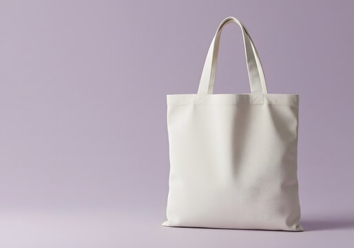 Minimal off-white canvas tote bag mockup on light purple background