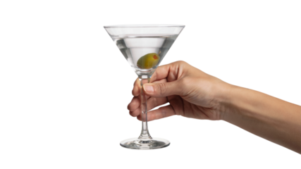 elegant hand holding classic martini cocktail. Isolated on transparent background, png