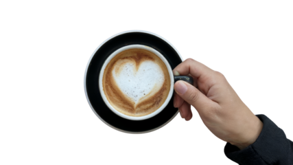 Hand holding a cup of latte art in the shape of a heart . Isolated on transparent background, png