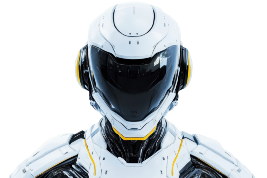 Futuristic robot head with red eyes isolated on transparent background. Futuristic robot avatar close up portrait isolated on white background.