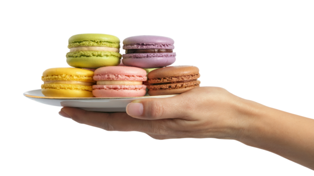 Colorful macaroons on a plate held by a hand. Isolated on transparent background, png