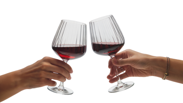 Two hands toasting with red wine in crystal glasses. Isolated on transparent background, png