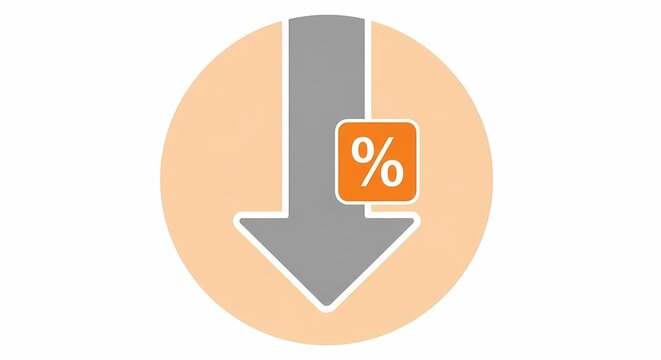 Illustration of a gray downward arrow with percentage symbol on orange circle, representing decrease, discount, or reduction concept