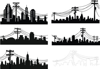 Urban city skyline silhouette with power poles and electric wires vector illustration, modern industrial energy connection design for cityscape infrastructure
