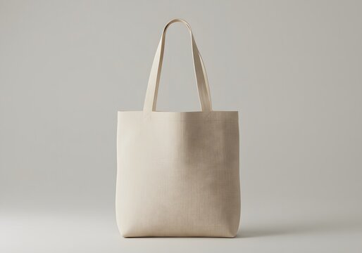 Blank beige cotton tote bag mockup on light gray background	
