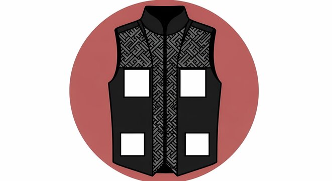 Illustration of black tactical vest with multiple pockets on red circular background, perfect for outdoor gear and uniform design concepts.