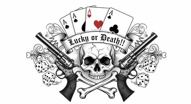 Skull with Crossed Pistols and Playing Cards Graphic Design for T-Shirt or Poster featuring Skull and Guns in Tattoo Style Art