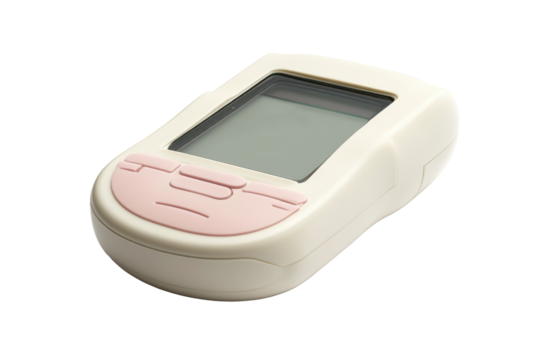 Medical glucometer with screen and buttons isolated on transparent background. Glucose meter glucometer isolated on white background.