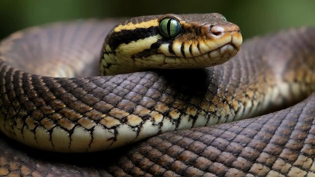 Close-up of a Coiled Snake with Intricate Scale Patterns.