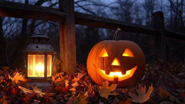 A glowing jack-o'-lantern and rustic lantern sit among fall leaves on a dark Halloween night.