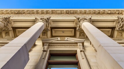 monumental. Classical architectural doorway with elegant columns under a clear blue sky, embodying timeless sophistication. real-estate listings.