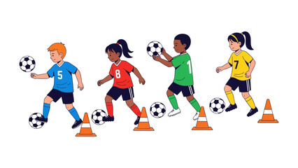 Fototapeta premium Soccer Players in Action: A diverse group of young soccer players practices their skills with soccer balls and cones, engaged in a fun and active training session.