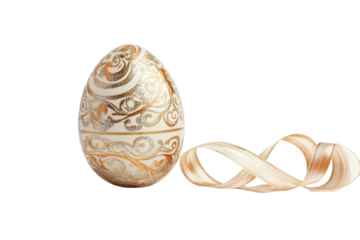 Golden easter egg with ribbon isolated on transparent background. Golden egg with a ribbon isolated on white background.