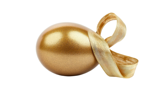 Golden easter egg with ribbon isolated on transparent background. Golden egg with a ribbon isolated on white background.