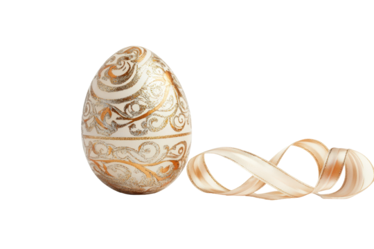 Golden easter egg with ribbon isolated on transparent background. Golden egg with a ribbon isolated on white background.