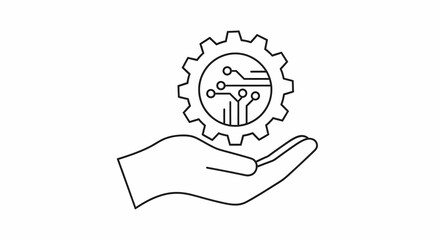 Obraz premium Illustration of a hand holding a mechanical gear with integrated circuit pattern, symbolizing technology and innovation on white background