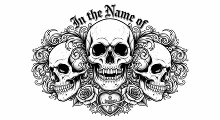 Fototapeta premium Ornate Gothic Tattoo Design Featuring Three Intricately Detailed Skulls with Floral Accents and Script Text in Black and White