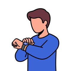 Man Checking Smartwatch on Wrist - Modern Wearable Technology Vector Illustration