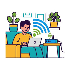 Fototapeta premium Remote Work Setup: Man Using Laptop with Wi-Fi Router and Internet Connectivity