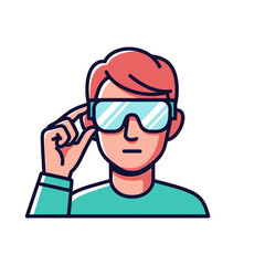 Young Man Wearing and Adjusting Safety Goggles or Augmented Reality Glasses Vector Illustration