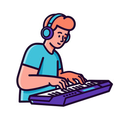 Young Musician Playing Electronic Keyboard with Headphones - Modern Music Production and Hobby Vector