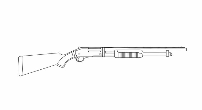 Pump Action Shotgun Vector Outline Illustration Isolated on White Background