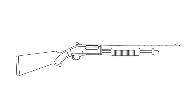 Detailed line illustration of vintage pump-action shotgun outline, showing intricate mechanical details for weapons design projects