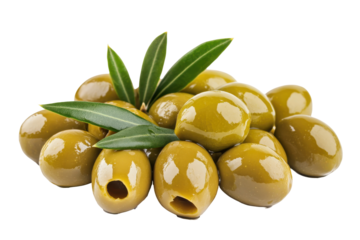 Fresh green olives with leaves isolated on transparent background. Green olives with leaves isolated on white background.