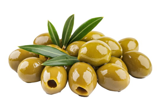 Fresh green olives with leaves isolated on transparent background. Green olives with leaves isolated on white background. - Powered by Adobe
