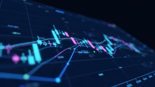 Digital financial chart showcases market trends and data analysis, featuring vibrant candlestick patterns and line graphs illustrating stock prices and trading technology fluctuations - Powered by Adobe