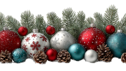 Vibrant assortment of red silver and teal christmas ornaments with pinecones arranged beneath a lush green evergreen garland in high resolution png style perfect for festive decorations