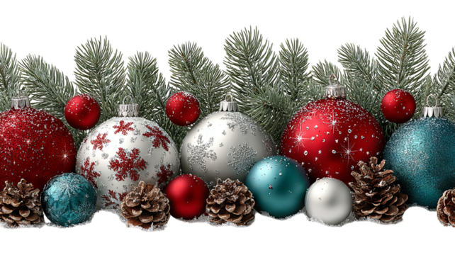 Vibrant assortment of red silver and teal christmas ornaments with pinecones arranged beneath a lush green evergreen garland in high resolution png style perfect for festive decorations