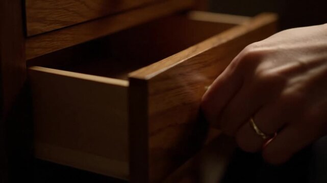 A person's hand with a ring is opening a small wooden drawer in a dimly lit room