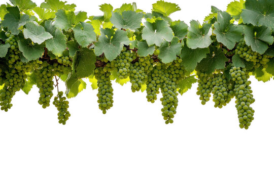 Bunches of green grapes hanging from a vine isolated on transparent background. Green wine grapes isolated on white background. - Powered by Adobe