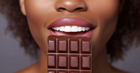 Smiling woman holding a chocolate bar close to her mouth, showcasing enjoyment