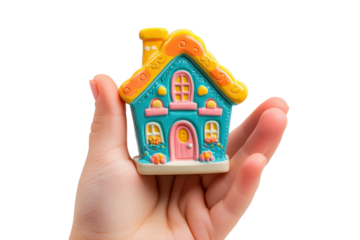 Hand holding a miniature house isolated on transparent background. Hand holding a house isolated on white background.