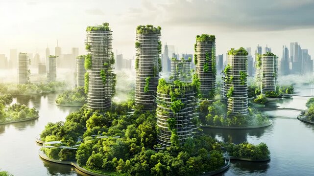 A futuristic eco-city with plant-covered skyscrapers rising from river islands