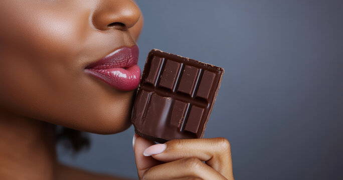 Woman enjoying a piece of dark chocolate with a sensual expression
