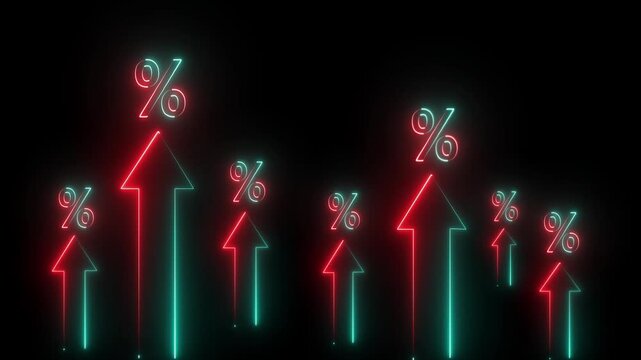 Interest rate increase concept. Businessman use a Neon up arrow with percentage symbols and upward arrows, symbolizing rising interest rates. Interest rate and dividend concept on black background 4k 