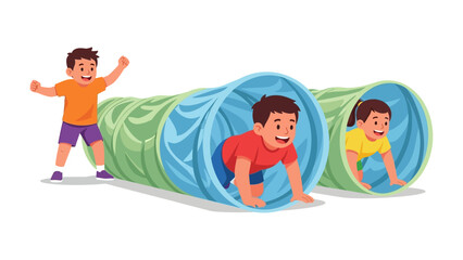 Playful Tunnels: Children delight in a fun and energetic play session with interactive tunnels, emphasizing childhood joy and imaginative exploration.