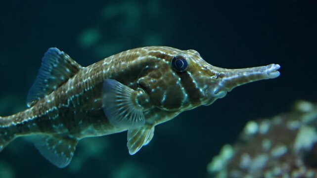Close-up of a Pipefish with intricate patterns in dark water