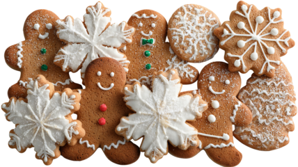 Assortment of christmas cookies featuring gingerbread men snowflakes and festive treats in high resolution png style ideal for holiday greeting cards bakery promotions and winter celebration designs
