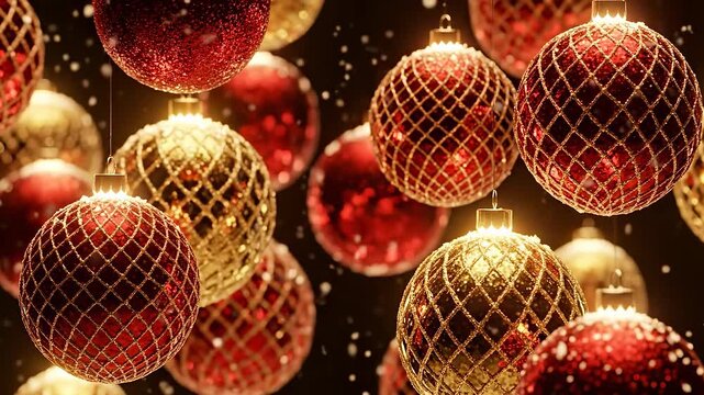 A festive background of glittering spherical ornaments in shades of gold and red, softly illuminated against a dark backdrop with falling snow. The elegant and decorative baubles evoke a sense of cele