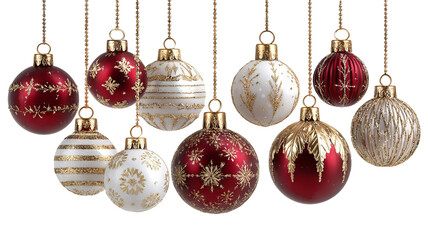 Collection of elegant christmas ornaments featuring gold red and white baubles in assorted designs suspended in high resolution png style for festive holiday decorations