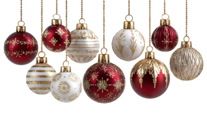 Collection of elegant christmas ornaments featuring gold red and white baubles in assorted designs suspended in high resolution png style for festive holiday decorations