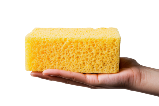 Hand holding a yellow cleaning sponge isolated on transparent background. Large yellow sponge held in hand isolated on white background.