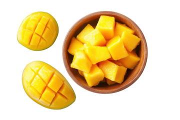 Freshly cut mango fruit and mango ice cream scoop isolated on transparent background. Mango sorbet ice cream in a bowl top view isolated on white background.