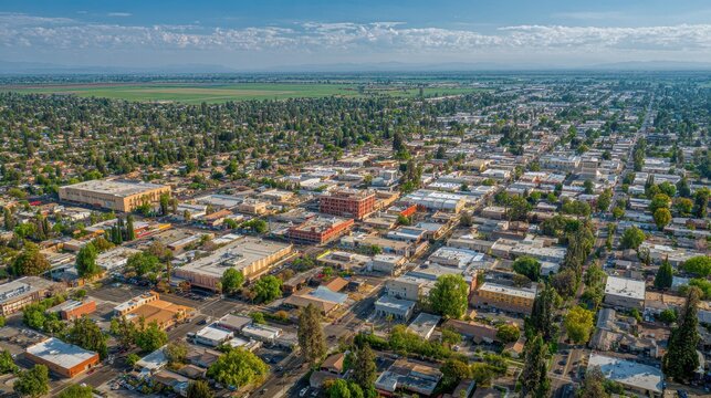 Visalia California Aerial View: Big Red Bulldozer Working in Grass Field