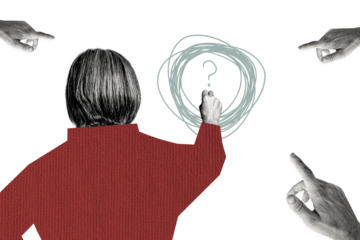 Creative image collage woman drawing doodles question mark dilemma ask why human hands pointing fingers drawing background